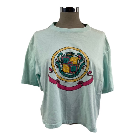 Vtg 80s Guess Shirt Light Blue 1989 Single Stitch Cropped T-Shirt Distressed USA - Picture 1 of 8